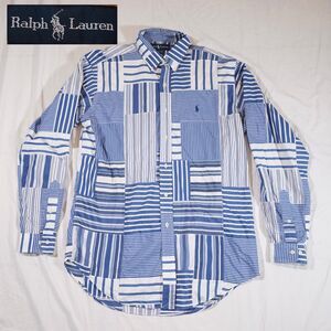Polo Ralph Lauren Patchwork Button Up Shirt Blue White Oversized Fit Size Medium
